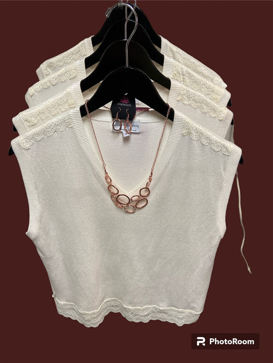 Cream Cropped Sweater Vest Trimmed in Cream Lace